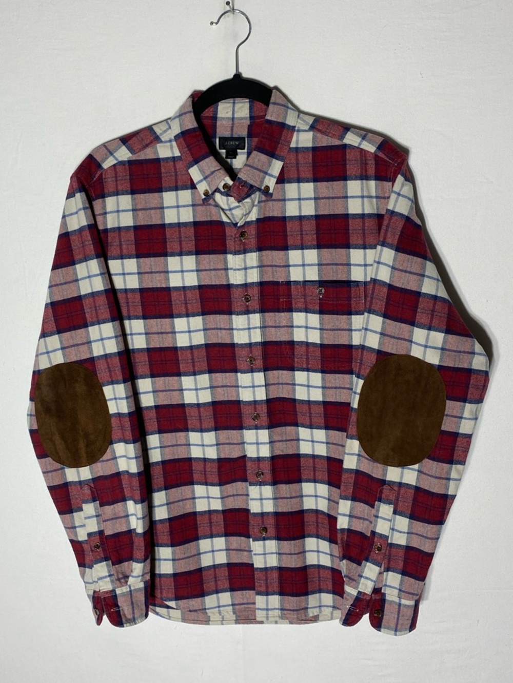 J. Crew Red & White Plaid Cotton Flannel Button Down Shirt W Elbow Patches M